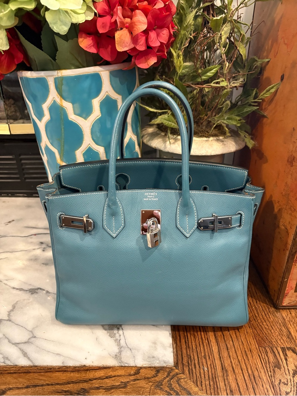 Vintage Hermes Birkin 30 Teal Blue Leather Top-Handle Tote